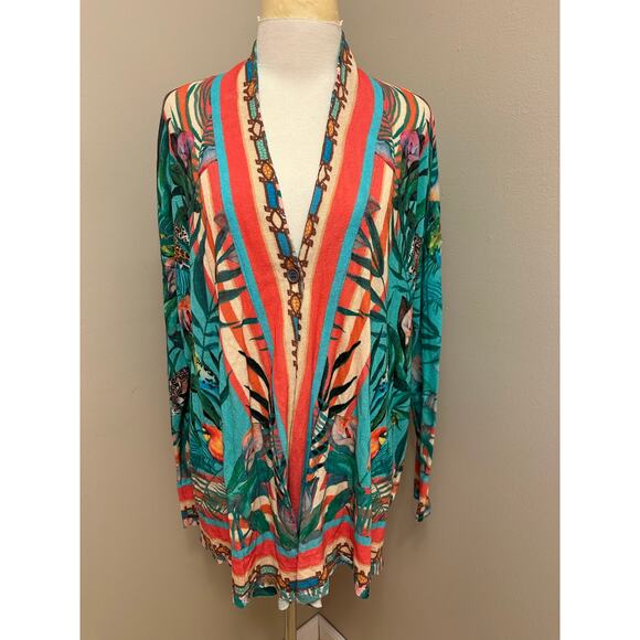 Johnny Was Tiana Swing Sweater Cardigan Single Button Teal Leopard Floral Sz S - Picture 2 of 8